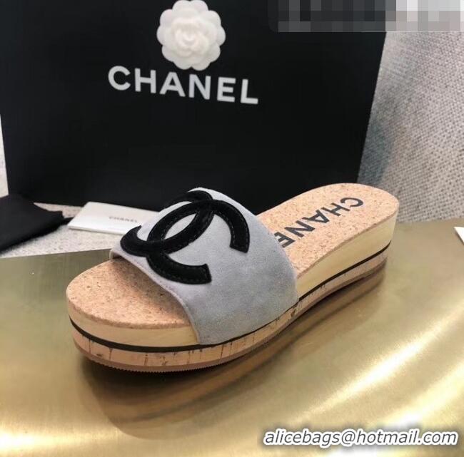 Lowest Cost Chanel Suede CC Logo Platform Mules G35799 Grey 2020