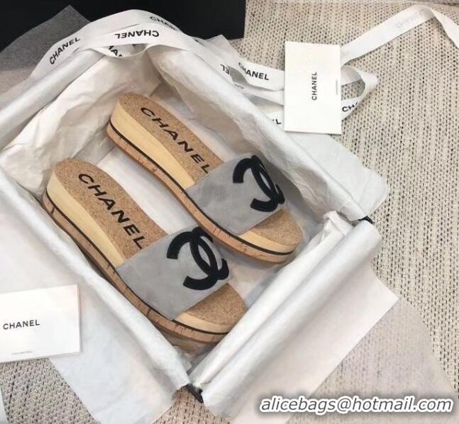 Lowest Cost Chanel Suede CC Logo Platform Mules G35799 Grey 2020