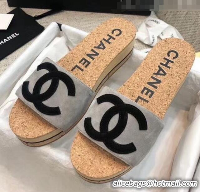 Lowest Cost Chanel Suede CC Logo Platform Mules G35799 Grey 2020