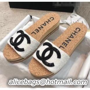 Luxury Discount Chanel Tweed & Patent Leather Platform Mules G35799 White 2020