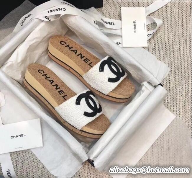 Luxury Discount Chanel Tweed & Patent Leather Platform Mules G35799 White 2020