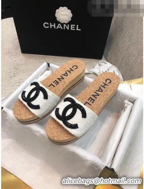 Luxury Discount Chanel Tweed & Patent Leather Platform Mules G35799 White 2020