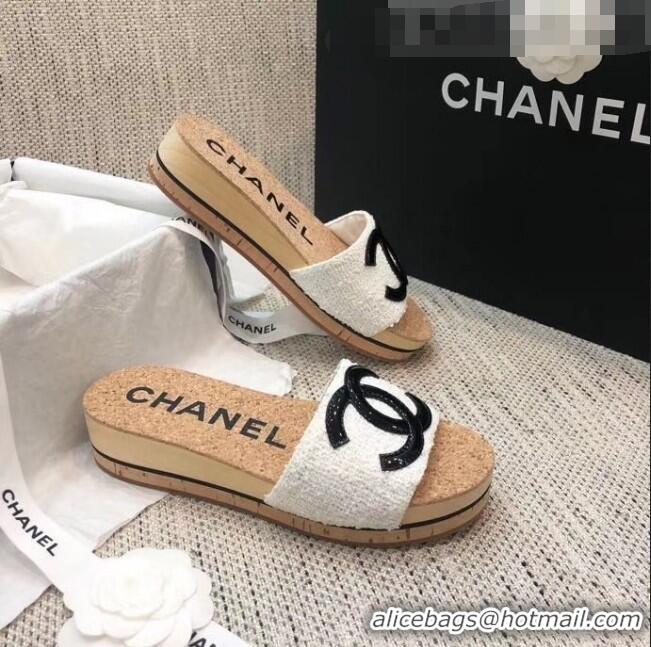 Luxury Discount Chanel Tweed & Patent Leather Platform Mules G35799 White 2020