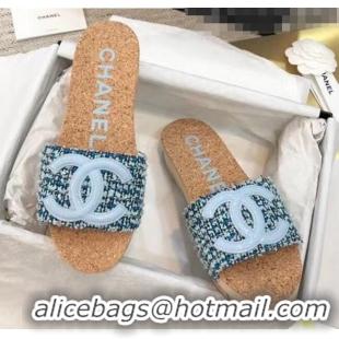 Promotional Chanel Tweed & Patent Leather Platform Mules G35799 Blue 2020