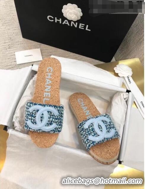 Promotional Chanel Tweed & Patent Leather Platform Mules G35799 Blue 2020