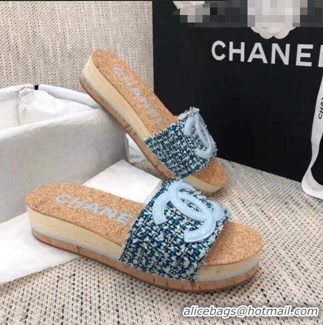 Promotional Chanel Tweed & Patent Leather Platform Mules G35799 Blue 2020