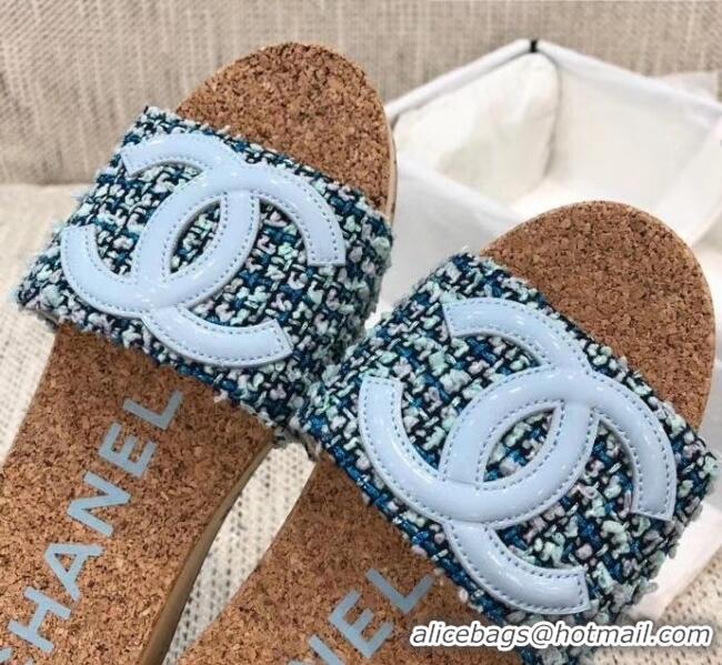 Promotional Chanel Tweed & Patent Leather Platform Mules G35799 Blue 2020