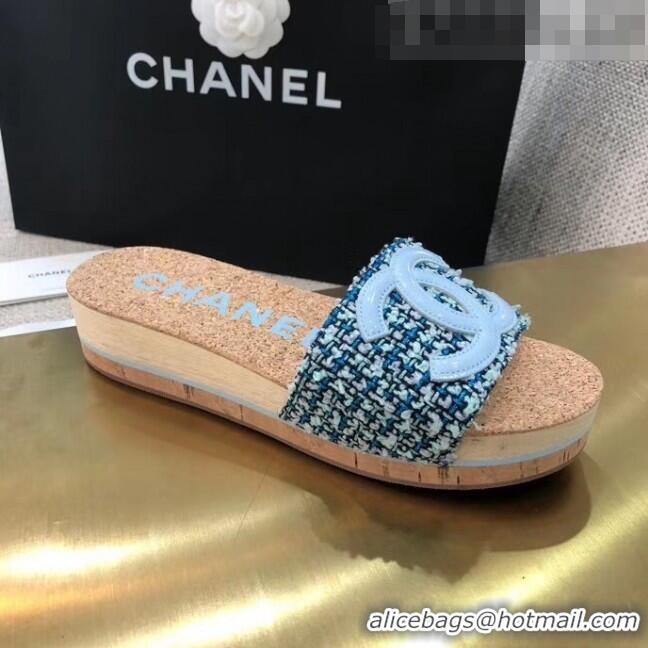 Promotional Chanel Tweed & Patent Leather Platform Mules G35799 Blue 2020