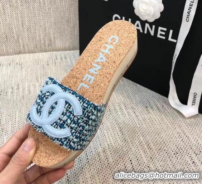 Promotional Chanel Tweed & Patent Leather Platform Mules G35799 Blue 2020