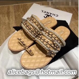 Top Quality Chanel Lambskin Chains & Pearls Mules Sandals G52722 Beige 2020