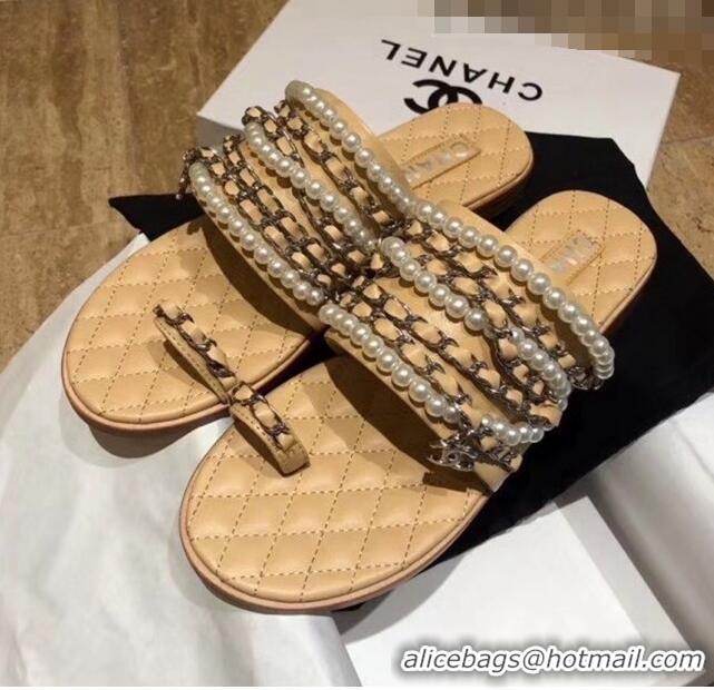 Top Quality Chanel Lambskin Chains & Pearls Mules Sandals G52722 Beige 2020