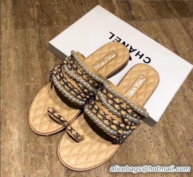 Top Quality Chanel Lambskin Chains & Pearls Mules Sandals G52722 Beige 2020