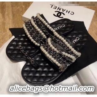 New Design Chanel Lambskin Chains & Pearls Mules Sandals G52722 Black 2020