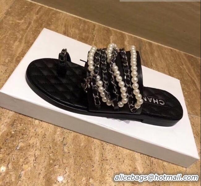 New Design Chanel Lambskin Chains & Pearls Mules Sandals G52722 Black 2020