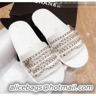 Top Design Chanel Lambskin Chains & Pearls Mules Sandals G52722 White 2020