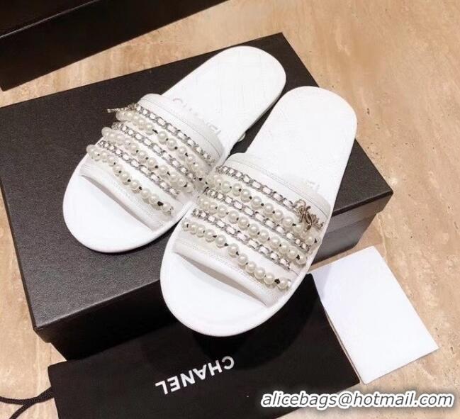 Top Design Chanel Lambskin Chains & Pearls Mules Sandals G52722 White 2020