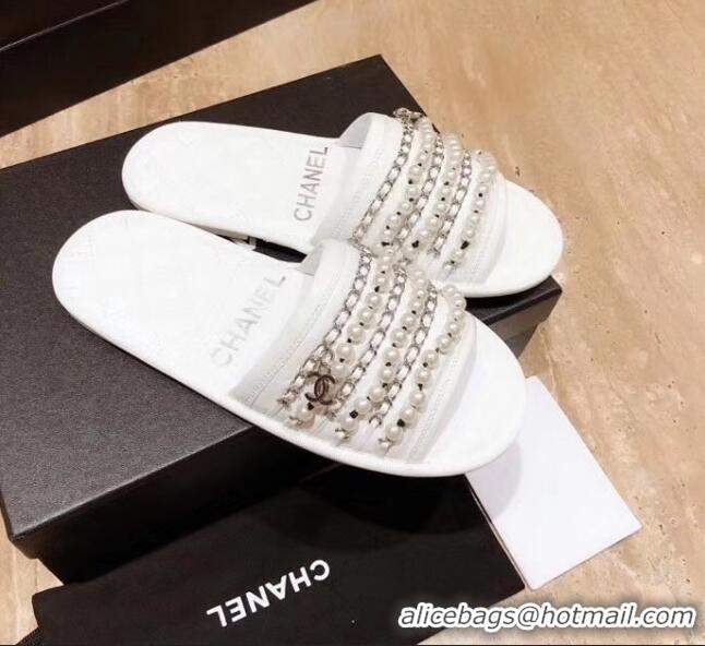 Top Design Chanel Lambskin Chains & Pearls Mules Sandals G52722 White 2020