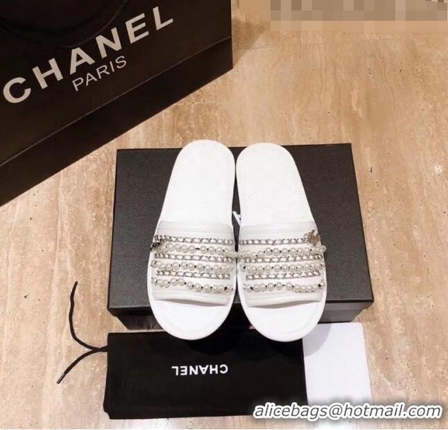 Top Design Chanel Lambskin Chains & Pearls Mules Sandals G52722 White 2020