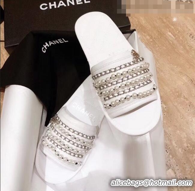 Top Design Chanel Lambskin Chains & Pearls Mules Sandals G52722 White 2020