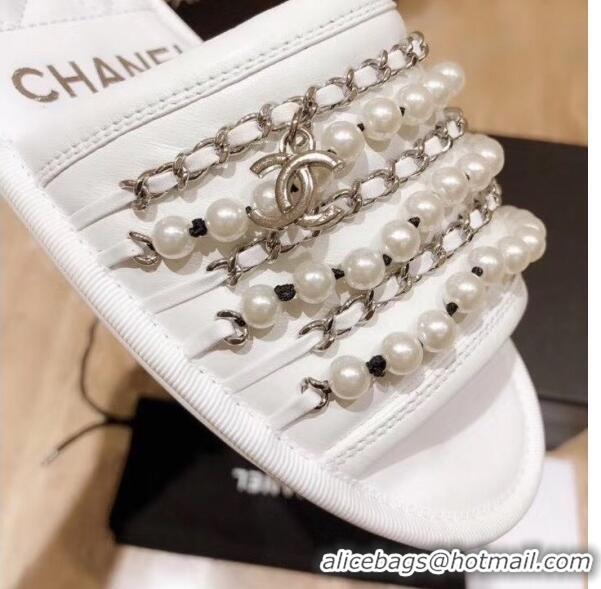 Top Design Chanel Lambskin Chains & Pearls Mules Sandals G52722 White 2020