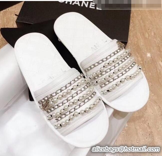 Top Design Chanel Lambskin Chains & Pearls Mules Sandals G52722 White 2020