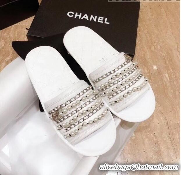 Top Design Chanel Lambskin Chains & Pearls Mules Sandals G52722 White 2020