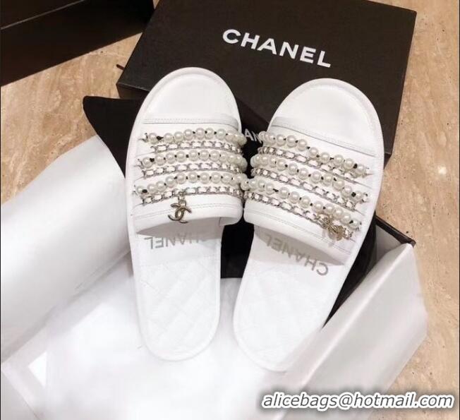 Top Design Chanel Lambskin Chains & Pearls Mules Sandals G52722 White 2020