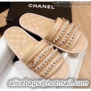 Good Quality Chanel Lambskin Chains & Pearls Mules Sandals G52722 Beige 2020