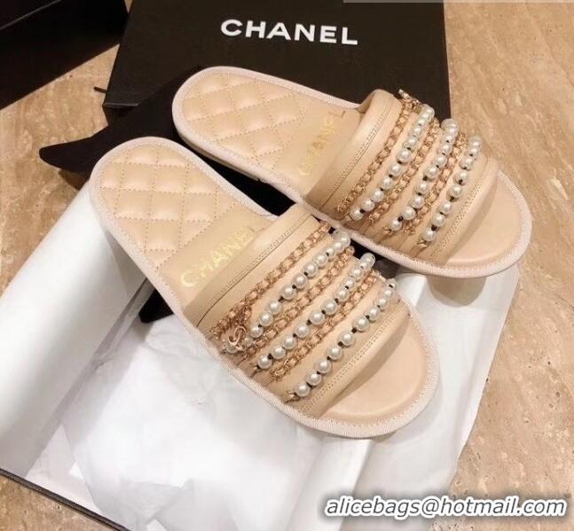 Good Quality Chanel Lambskin Chains & Pearls Mules Sandals G52722 Beige 2020