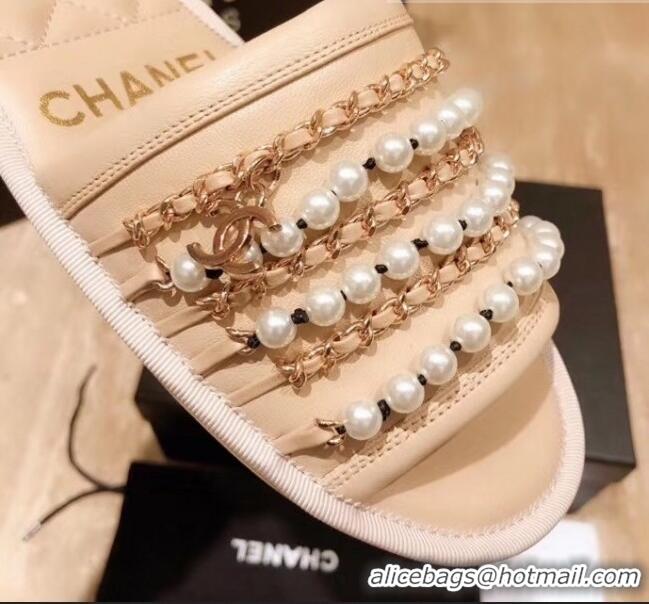 Good Quality Chanel Lambskin Chains & Pearls Mules Sandals G52722 Beige 2020