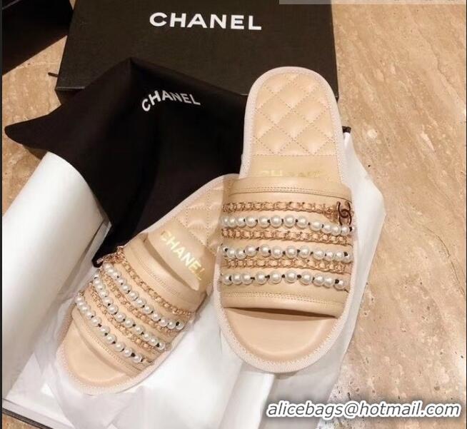 Good Quality Chanel Lambskin Chains & Pearls Mules Sandals G52722 Beige 2020