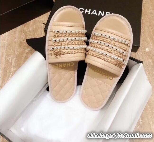 Good Quality Chanel Lambskin Chains & Pearls Mules Sandals G52722 Beige 2020