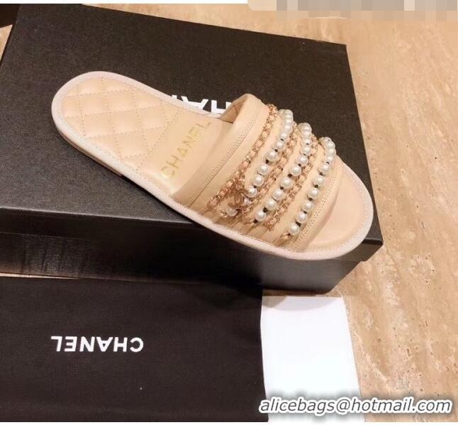 Good Quality Chanel Lambskin Chains & Pearls Mules Sandals G52722 Beige 2020