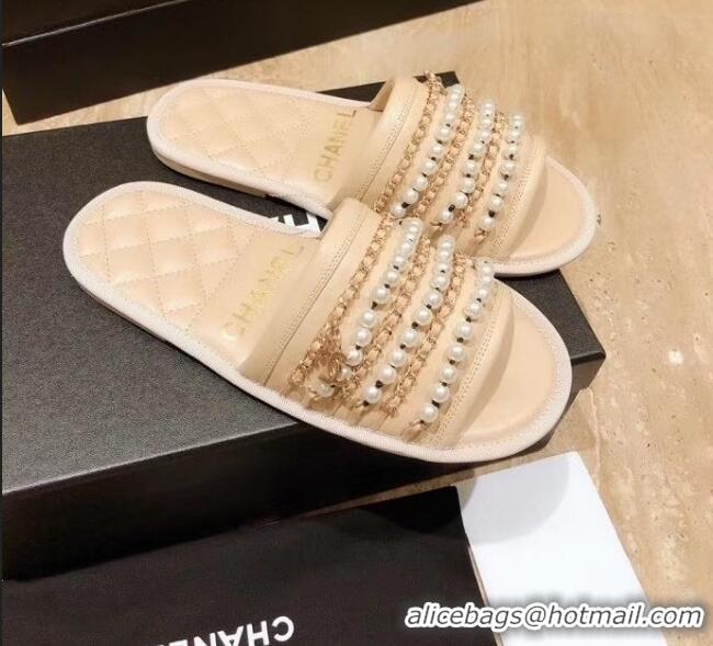 Good Quality Chanel Lambskin Chains & Pearls Mules Sandals G52722 Beige 2020