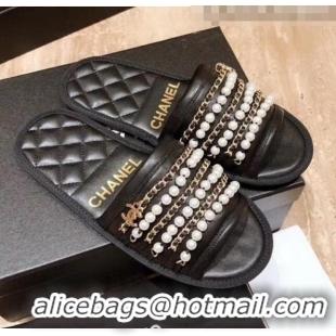 Pretty Style Chanel Lambskin Chains & Pearls Mules Sandals G52722 Black 2020