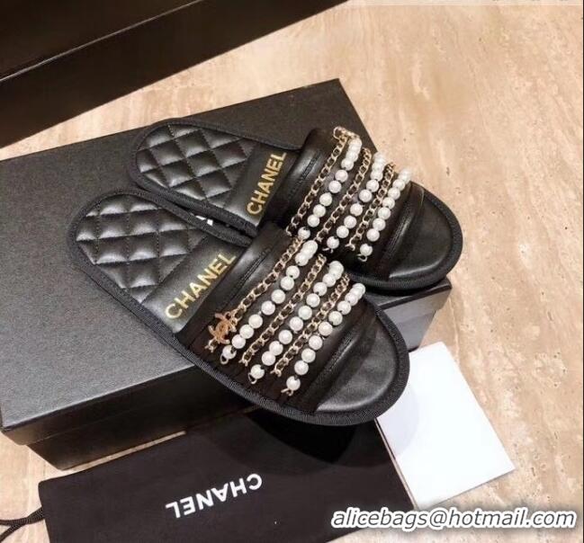 Pretty Style Chanel Lambskin Chains & Pearls Mules Sandals G52722 Black 2020