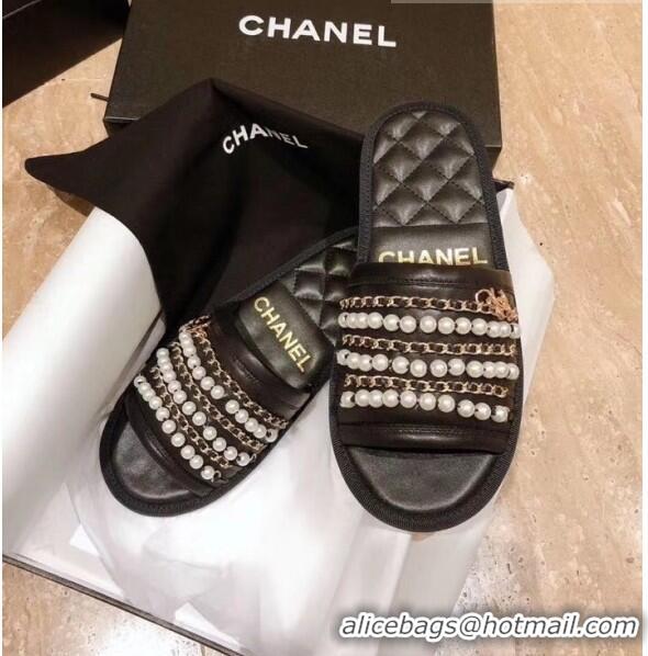 Pretty Style Chanel Lambskin Chains & Pearls Mules Sandals G52722 Black 2020