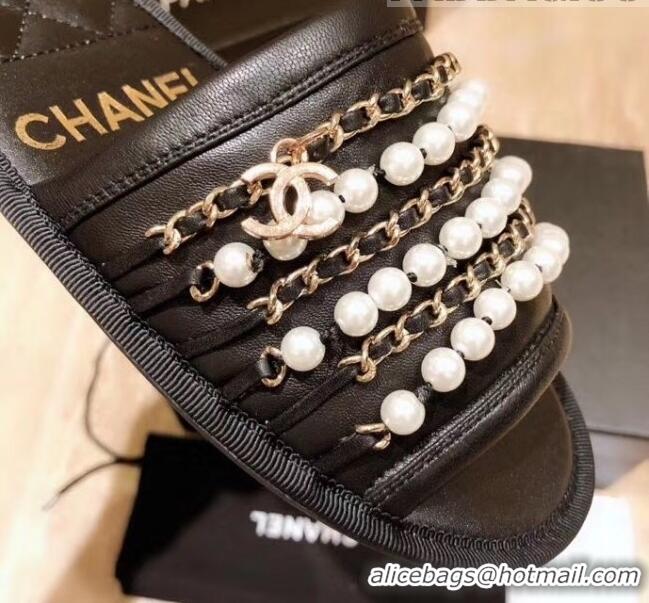 Pretty Style Chanel Lambskin Chains & Pearls Mules Sandals G52722 Black 2020