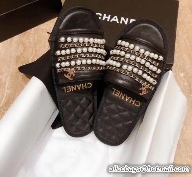 Pretty Style Chanel Lambskin Chains & Pearls Mules Sandals G52722 Black 2020