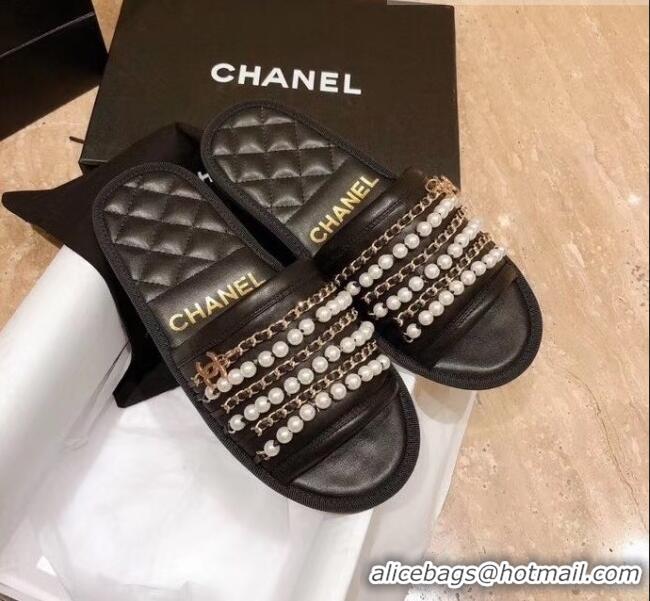 Pretty Style Chanel Lambskin Chains & Pearls Mules Sandals G52722 Black 2020