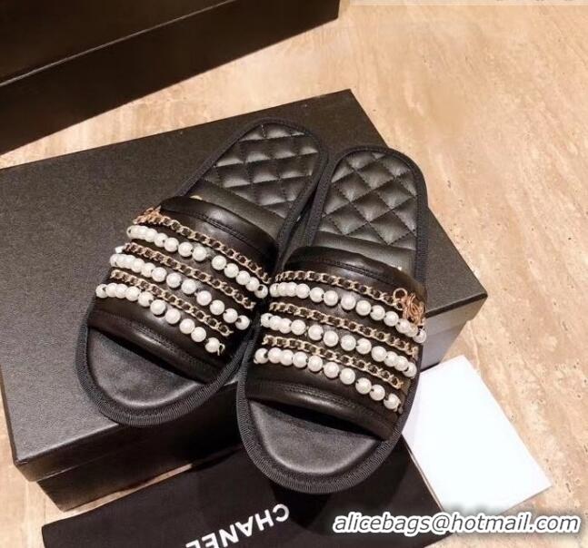 Pretty Style Chanel Lambskin Chains & Pearls Mules Sandals G52722 Black 2020