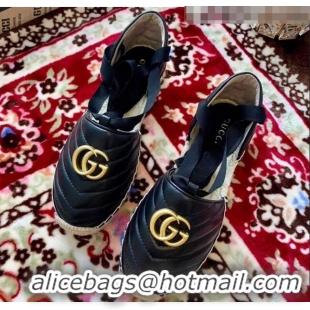 Most Popular Gucci Matelassé Chevron Leather Espadrille Sandal With Ribbon 628148 Black 2020