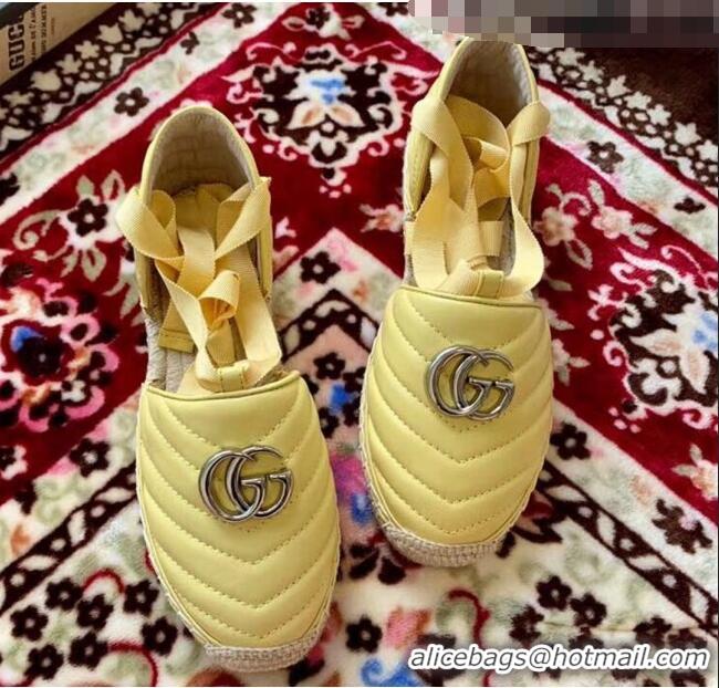 Top Grade Gucci Matelassé Chevron Leather Espadrille Sandal With Ribbon 628148 Pastel Yellow 2020