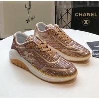 Inexpensive Chanel CC Logo Sequins & Leather Sneakers G35936 Light Gold 2020