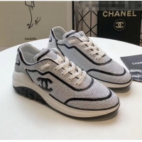 Discount Chanel CC Logo Sequins & Leather Sneakers G35936 White/Black 2020