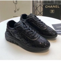 Top Quality Chanel CC Logo Sequins & Leather Sneakers G35936 Black 2020