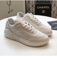 Inexpensive Chanel CC Logo Sequins & Leather Sneakers G35936 White 2020