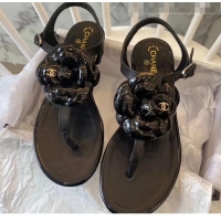 Low Price Chanel Lambskin Classic Camellia Thong Sandals BV2301 Black 2020