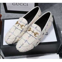 Top Quality Gucci Jordaan Horsebit Tweed Flat Loafers GG3017 White 2020