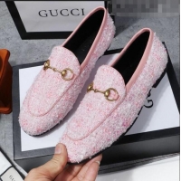 Luxury Classic Gucci Jordaan Horsebit Tweed Flat Loafers GG3017 Pink 2020